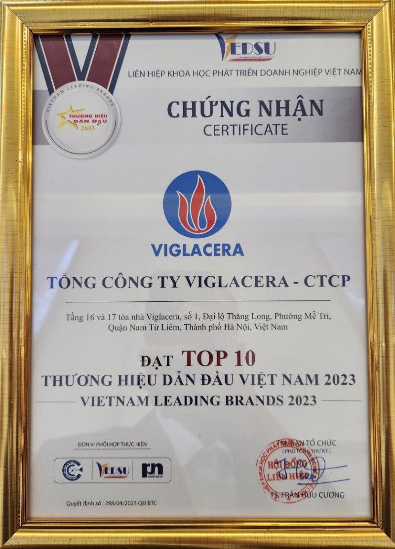 Tổng công ty Viglacera – CTCP nhận giải thưởng “Top 10 thương hiệu dẫn đầu Việt Nam 2023”